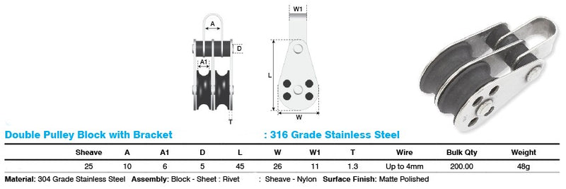 DOUBLE PULLEY BLOCK 25mm SS316